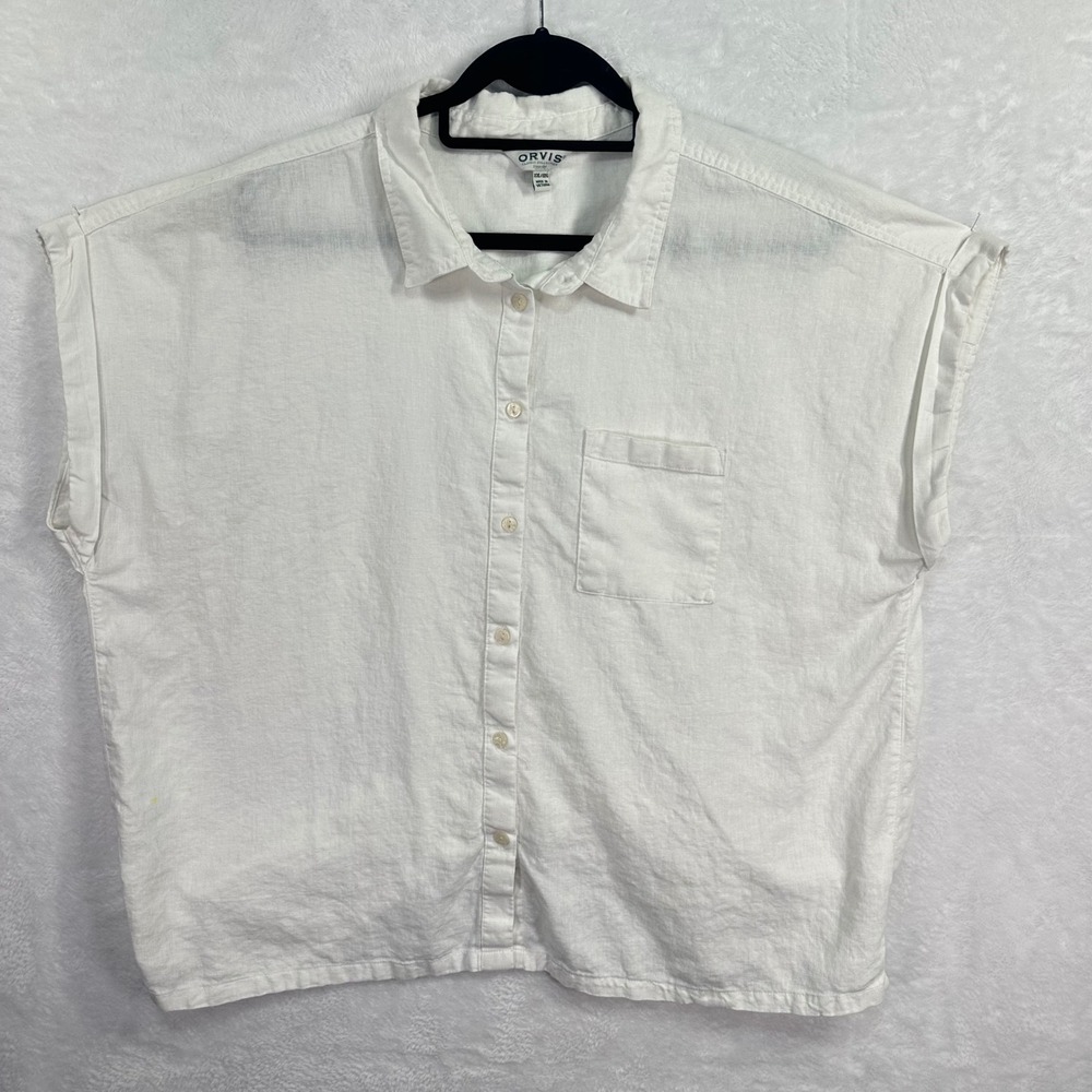 Orvis Button Up Top Women XXL White Linen Blend Short Sleeve Pocket Classic